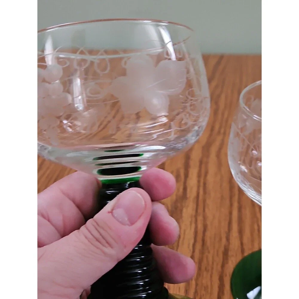 Vintage German Roemer Wine Glasses Set of 2 Green Grapevine Stem Etched Grapes